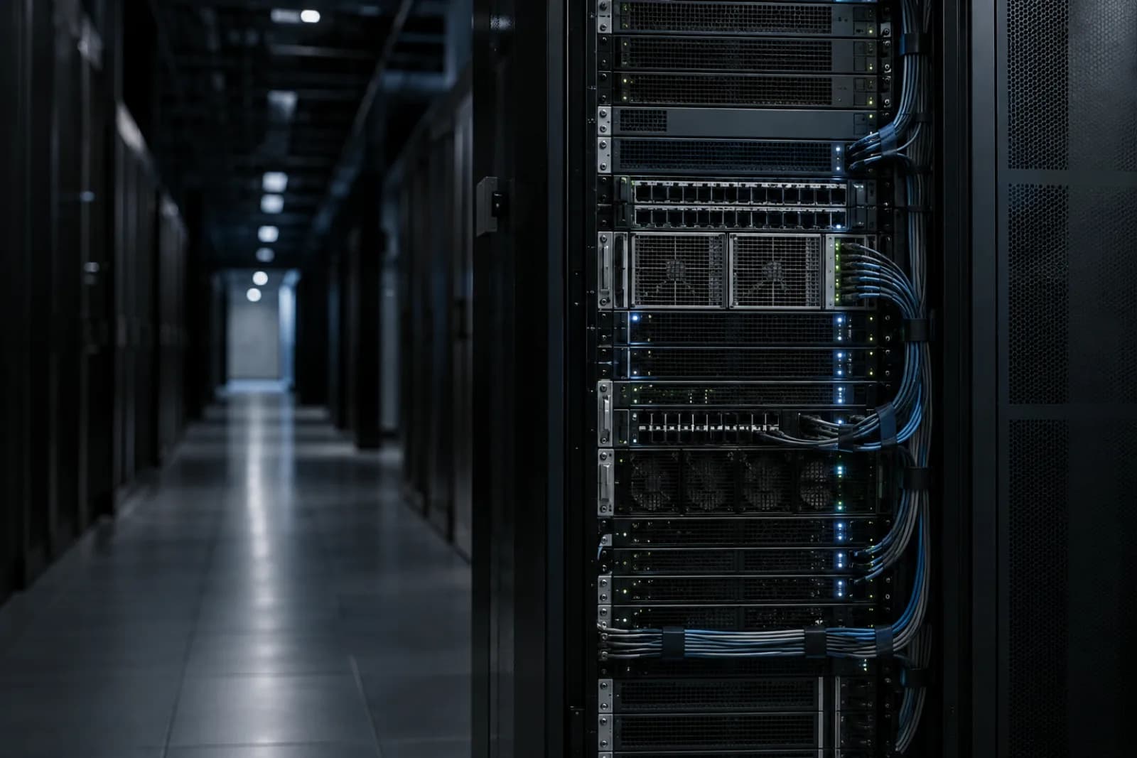 GPU server rack in a dim data-centre corridor