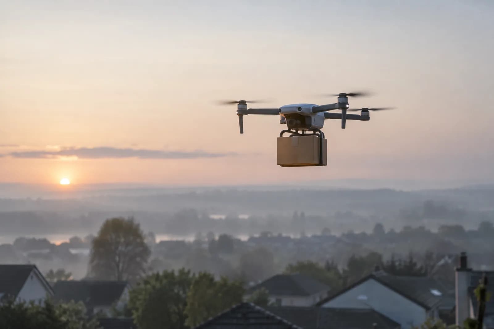 Delivery drone hovering above suburban rooftops at dawn