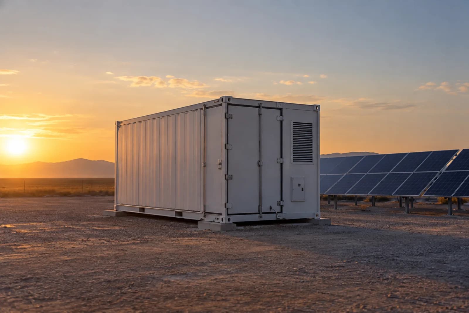 Grid-scale battery container beside solar panels at golden hour