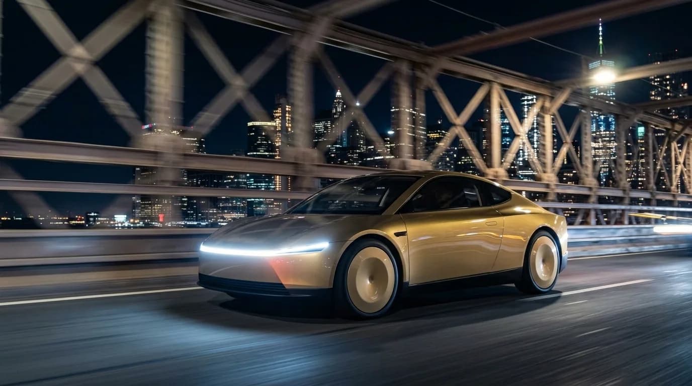 Gold Cybercab driving across a New York City bridge at night