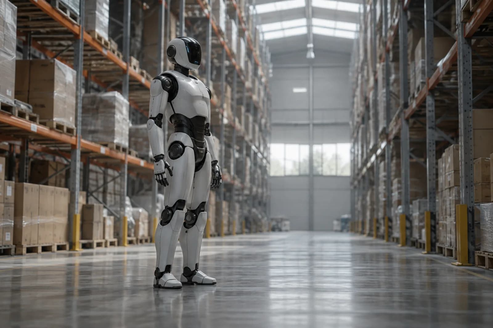 Humanoid robot standing in a quiet logistics warehouse aisle