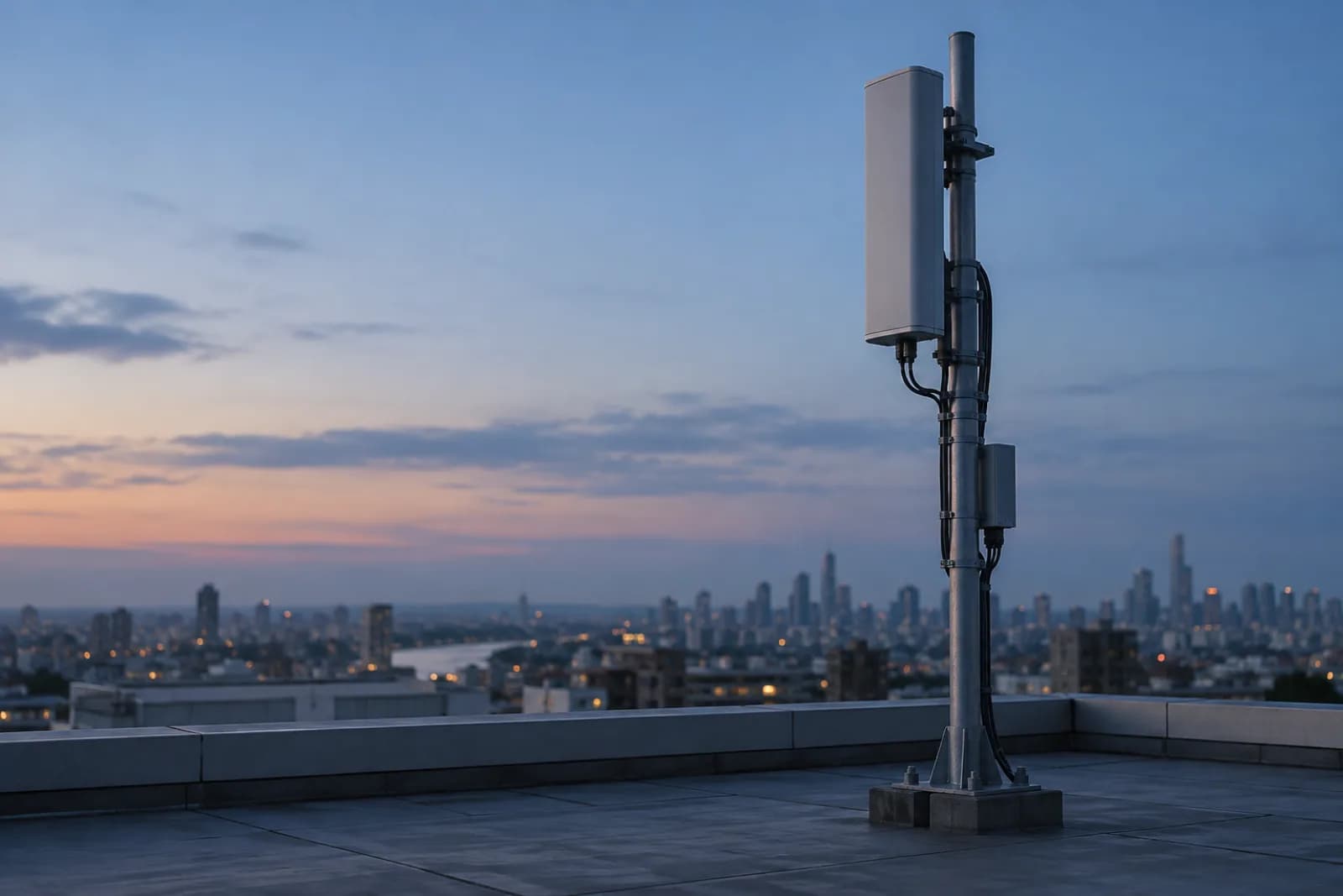 5G small-cell antenna on a city rooftop at dusk