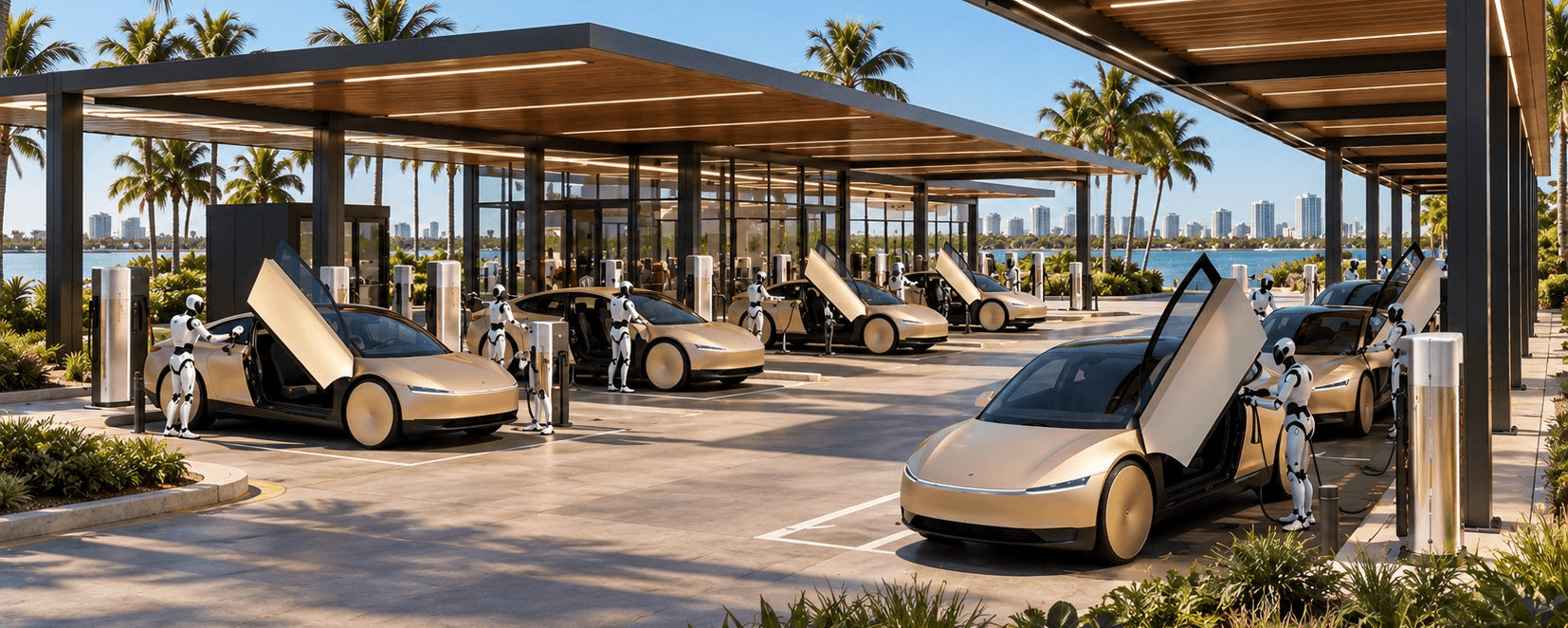 Gold robotaxis at a waterfront charging depot with palm trees and robotic attendants.