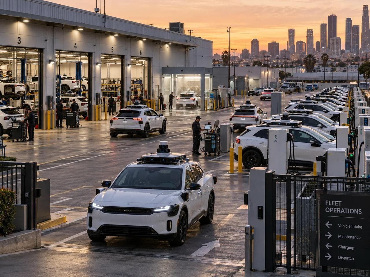 Waymo robotaxis charging and being serviced at a depot.