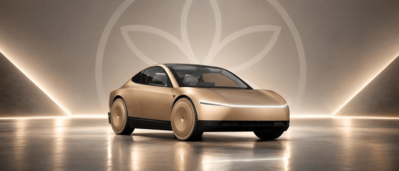 Gold robotaxi with the Fractals emblem in the background.