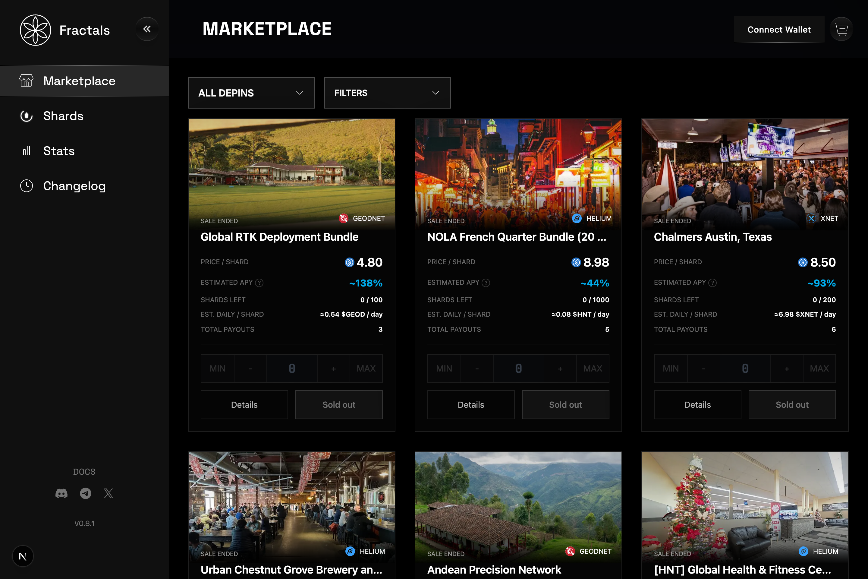 Fractals marketplace with listing cards