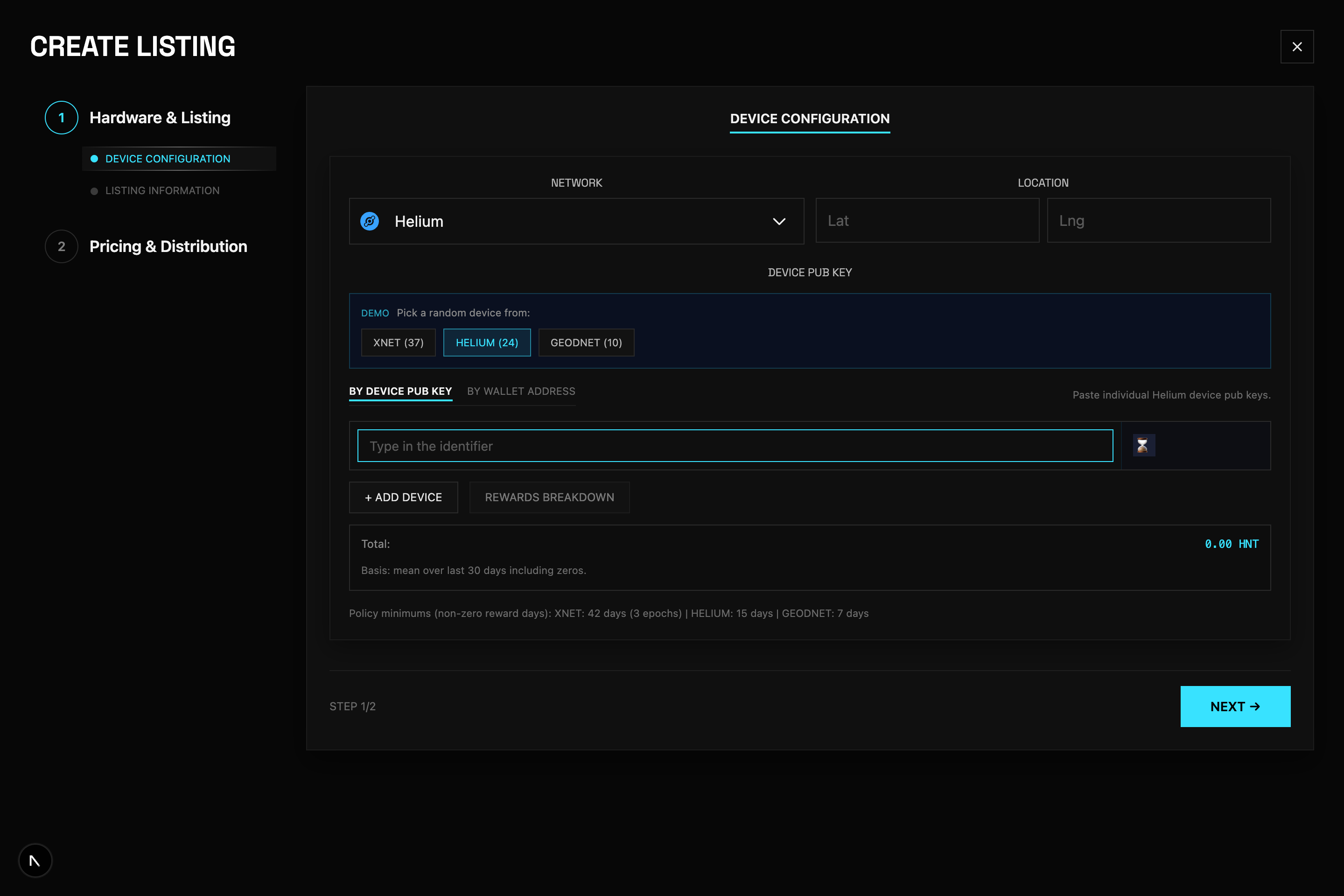 Create Listing — device configuration