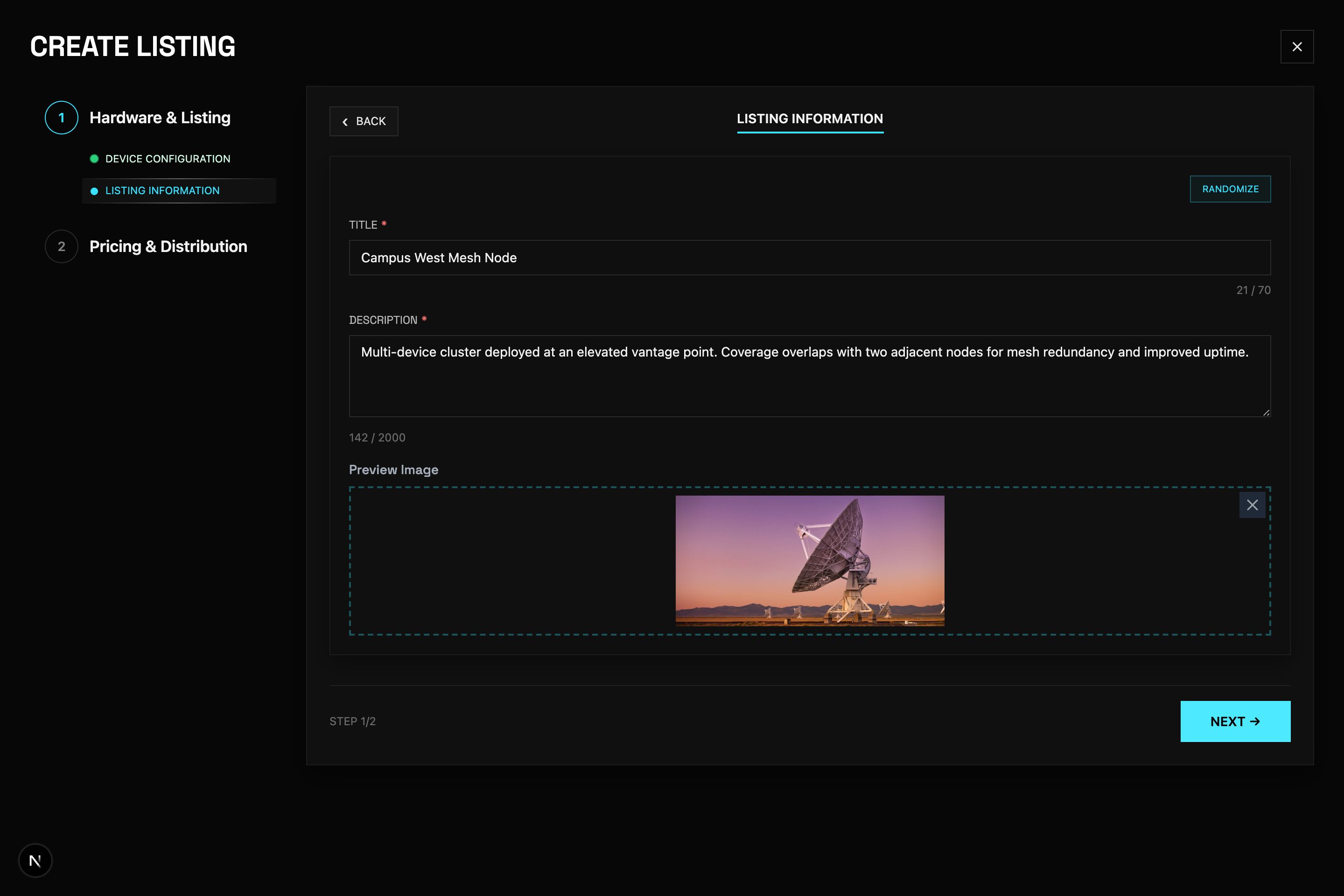 Create Listing — listing information