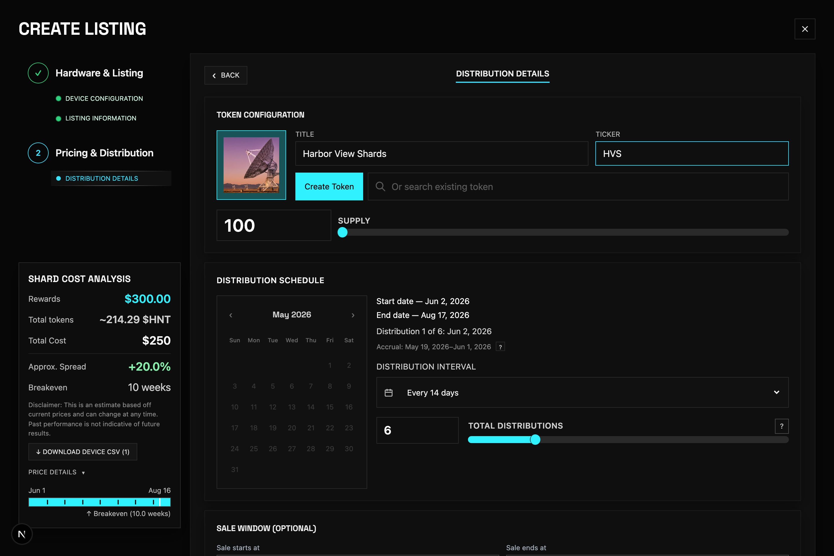 Create Listing — token configuration before creating token